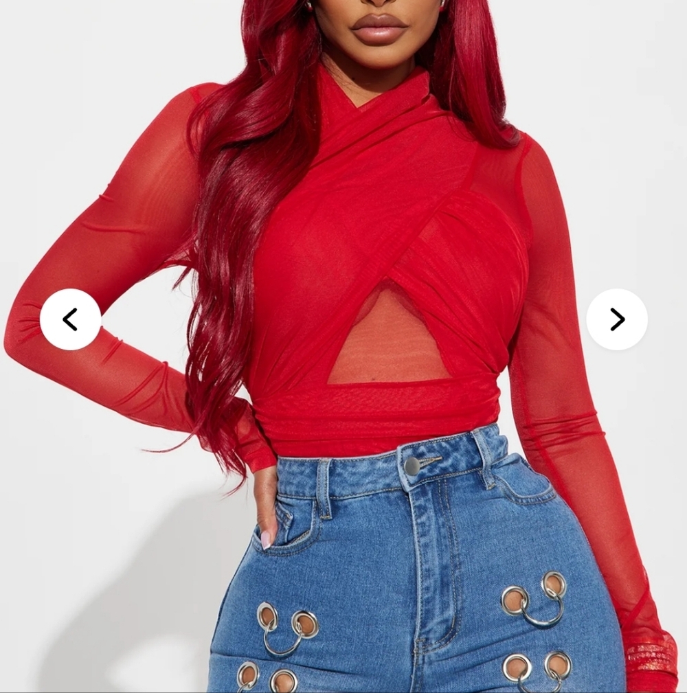 Elegant Red Sheer Long Sleeve Bodysuit - Picture 2 of 3